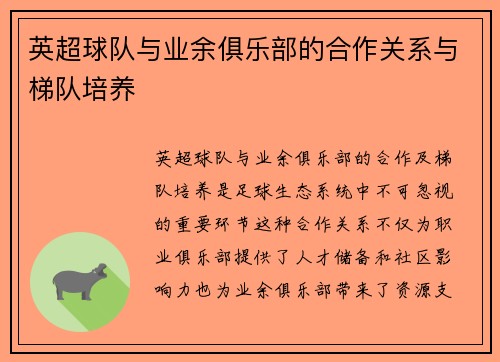 英超球队与业余俱乐部的合作关系与梯队培养